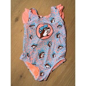 Buc-ee’s 2T Toddler baby girl swimsuit one piece orange blue ruffles Beaver